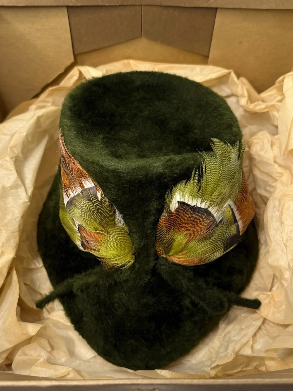 Vintage 1960s Italy Fur Felt Bucket Hat Pheasant Feather Green Cain Sloan Boxed
